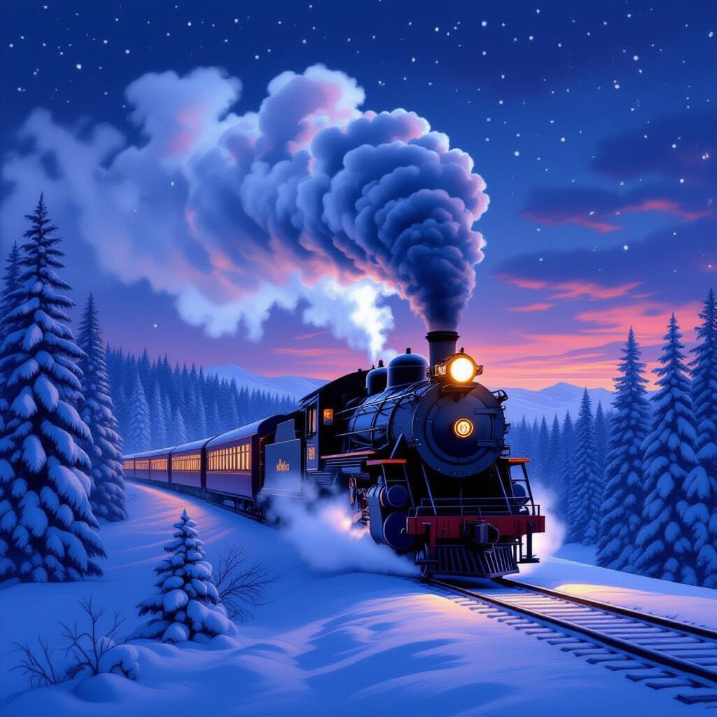 Vintage Steam Train in Snowy Forest Night
