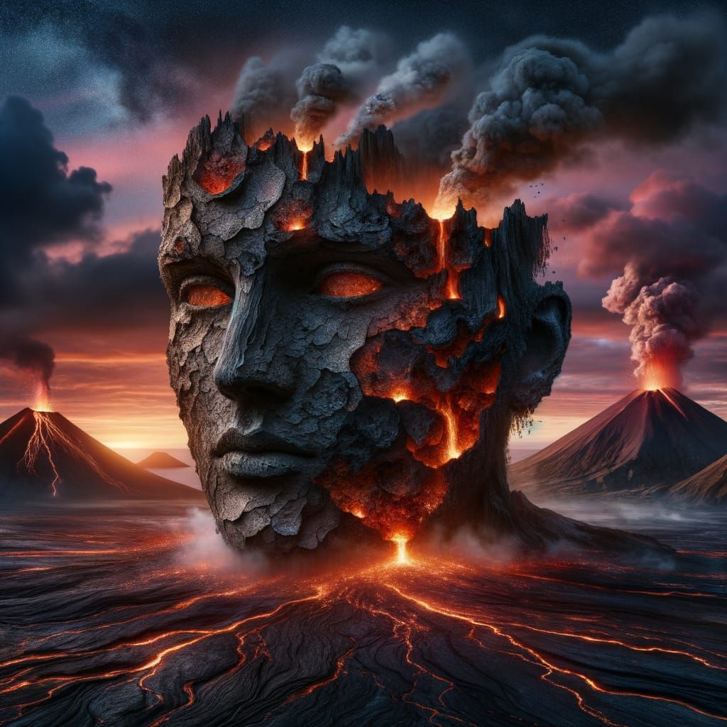 a human face born out of mother earths vulcanos