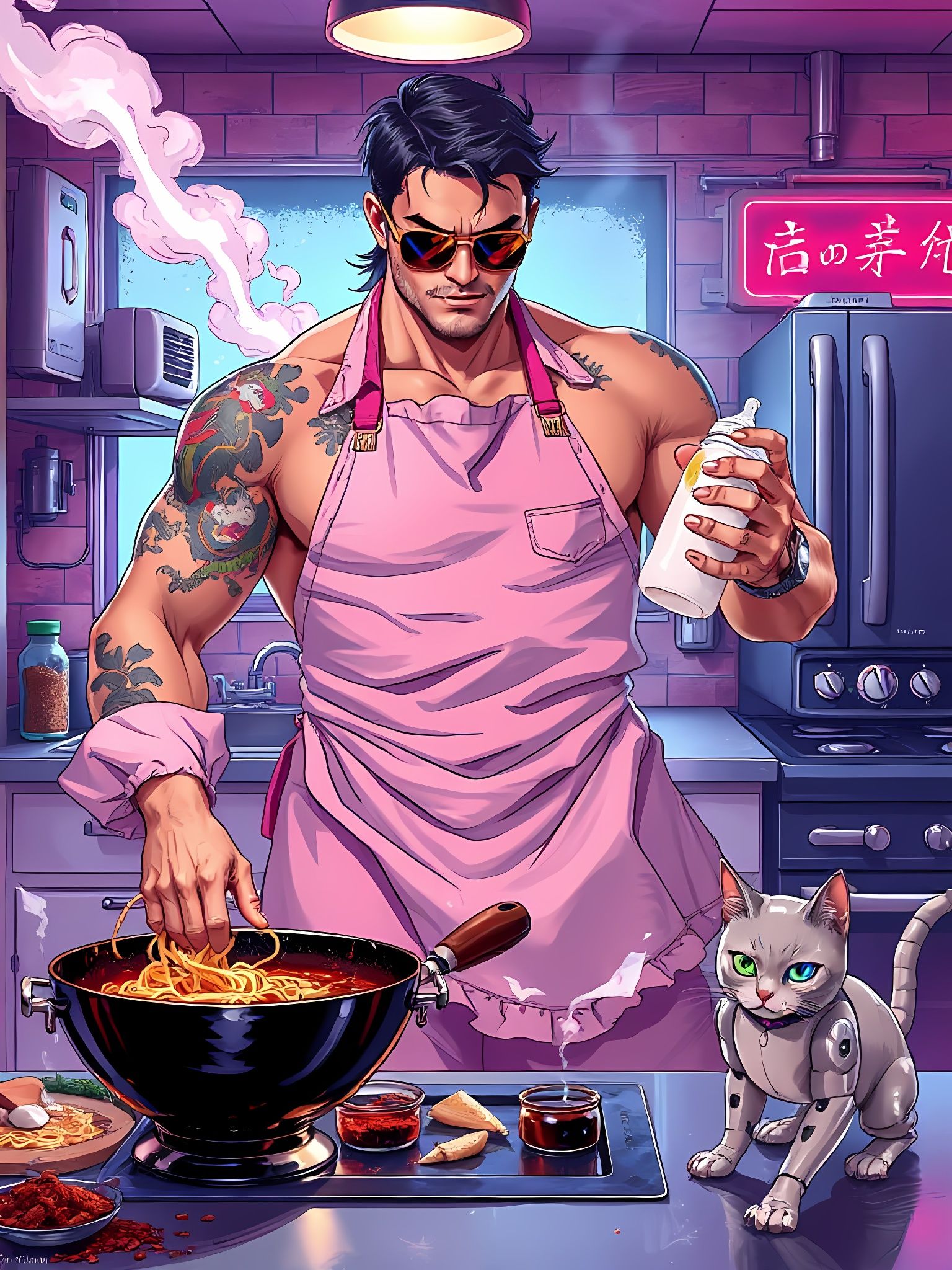Cyberpunk House Husband Reigns Supreme in Neon-Lit Kitchen