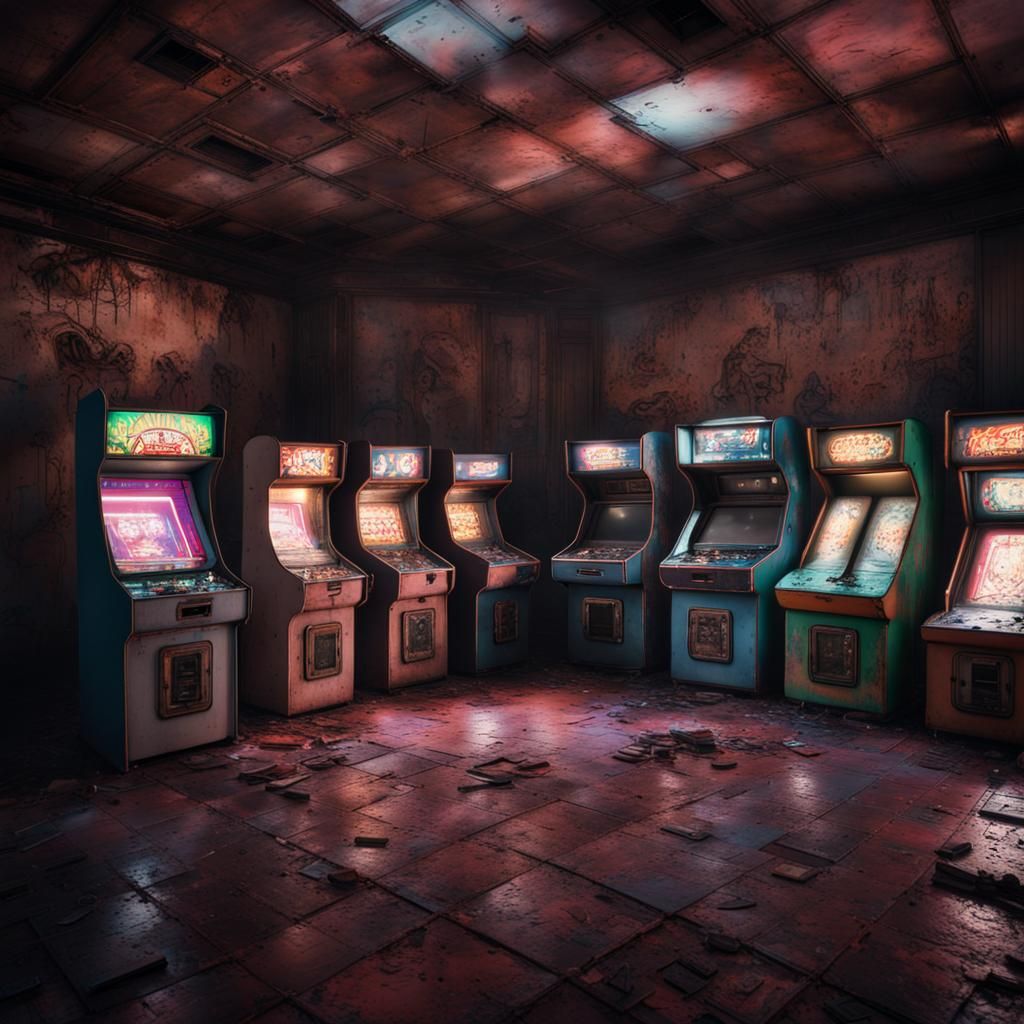 An eerie abandoned amusement arcade.