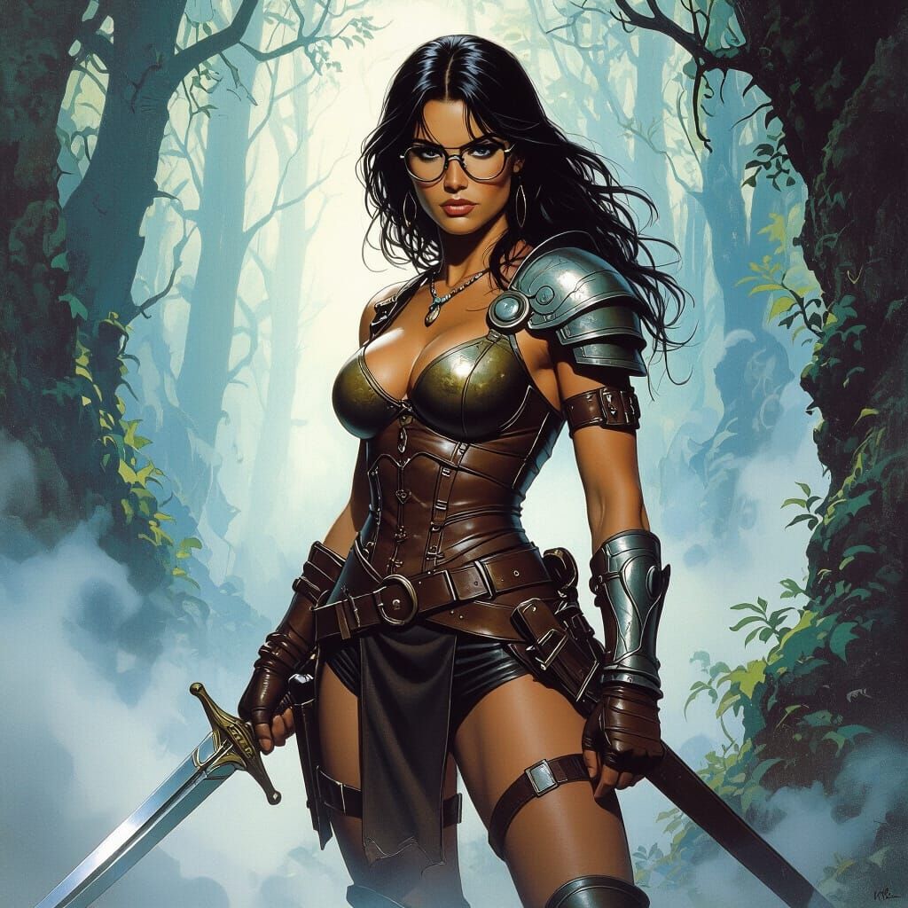 Warrior Woman in Misty Forest, Fantasy Art