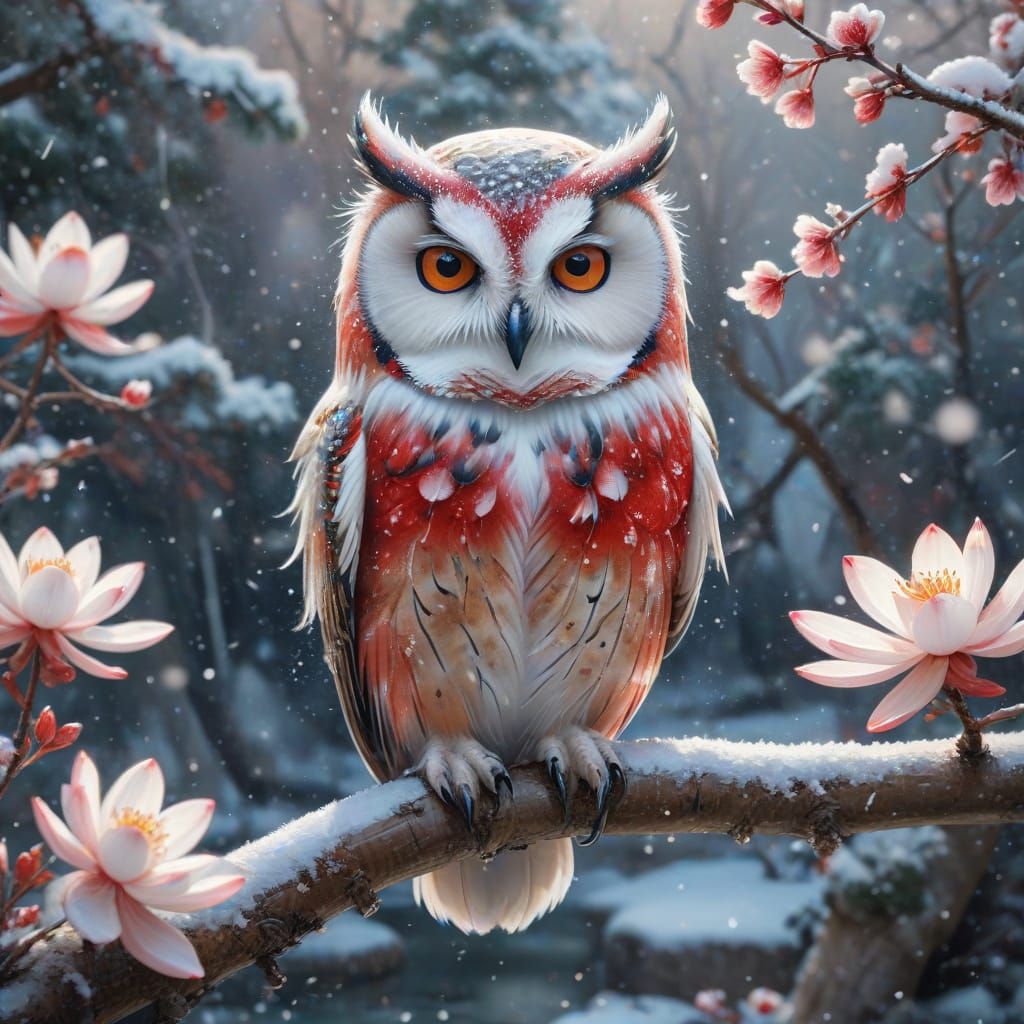 Surreal Winter Wonderland with Blossom Tree Owl and Japanese...