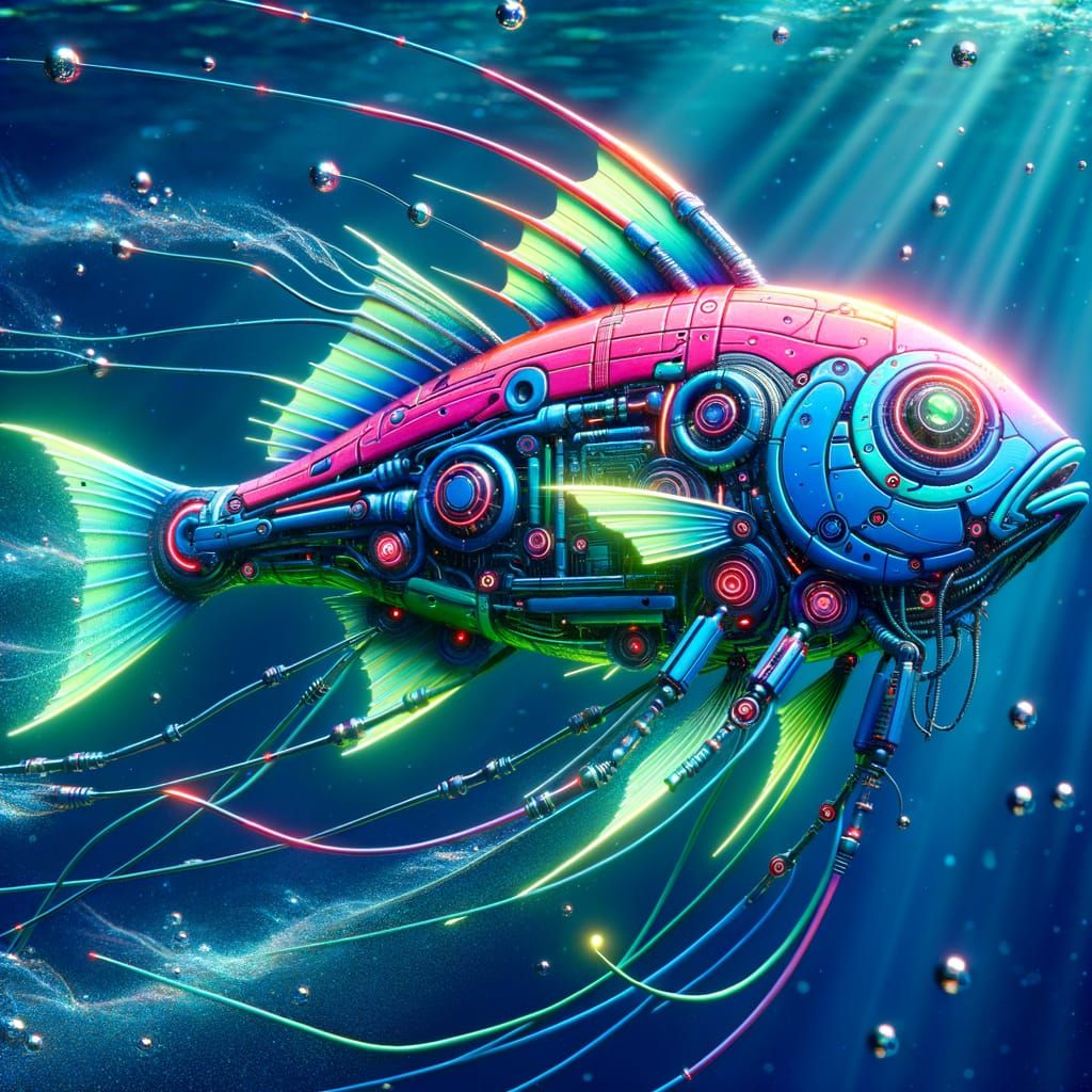 Surreal Neon Fish with Cybernetic Arms and Legs