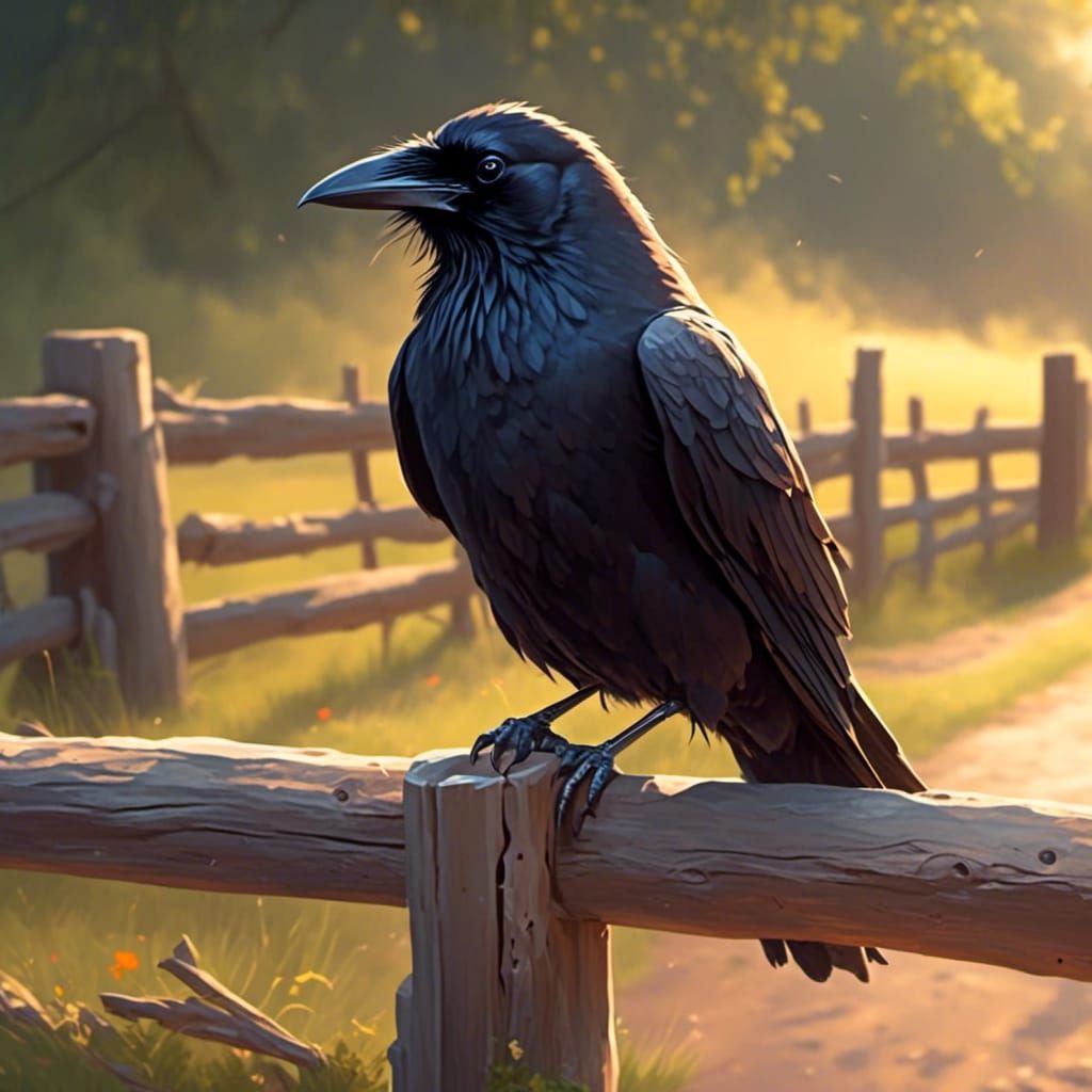 Raven on Fence in Realistic Digital Art Style