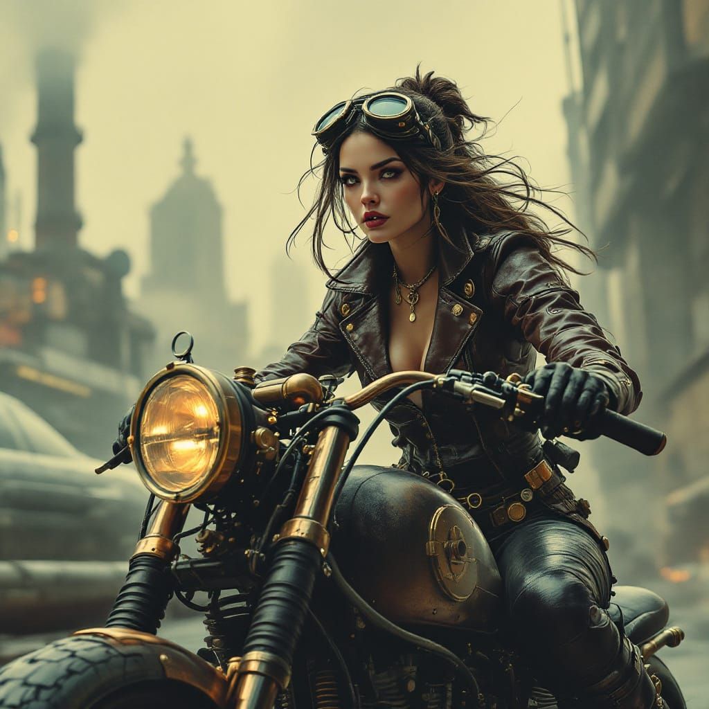 Dieselpunk Woman Rides Motorcycle in Dystopian Cityscape
