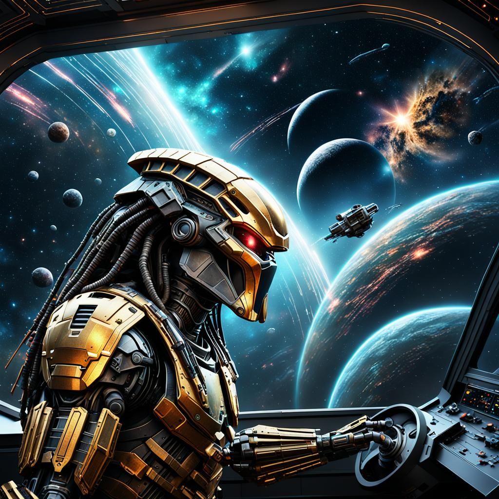 Predator Views Galaxies: Holographic Sci-Fi Illustration