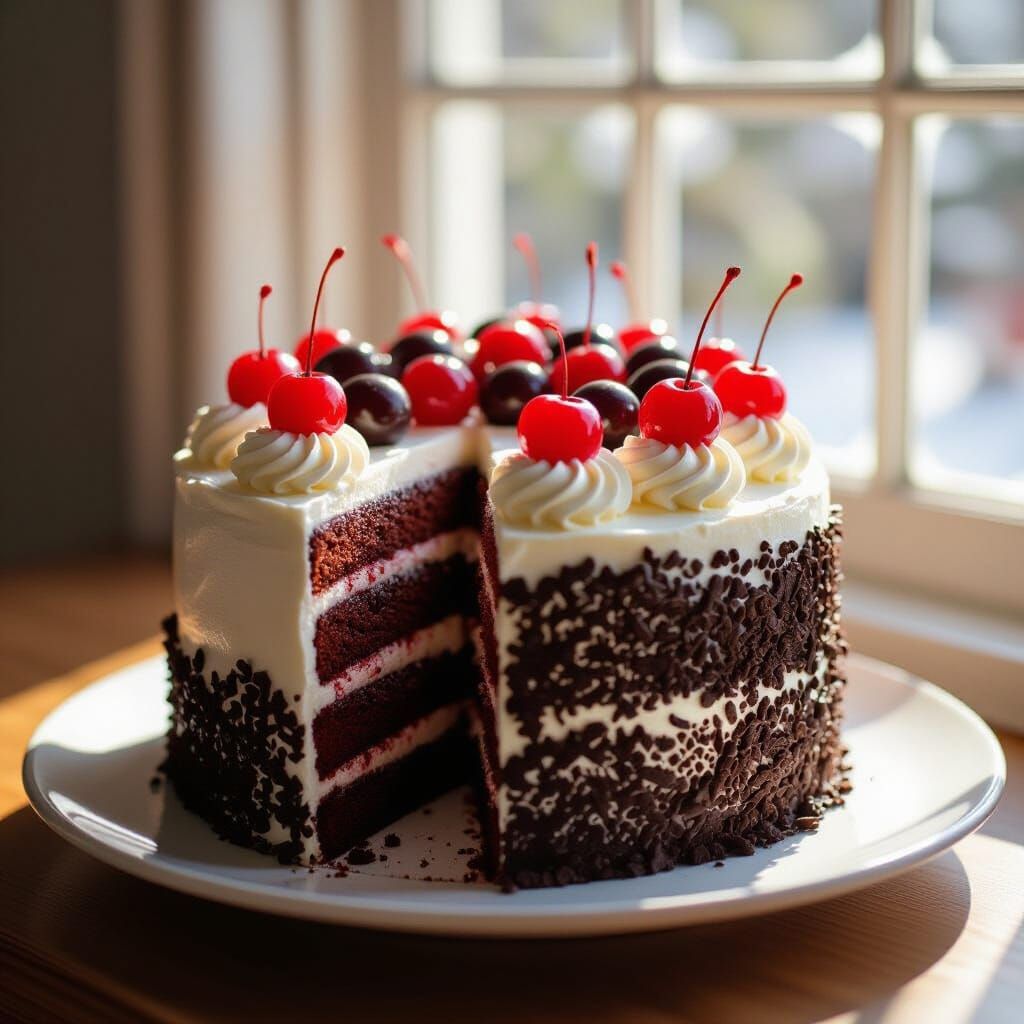 Black Forest Cake Displayed in Morning Light