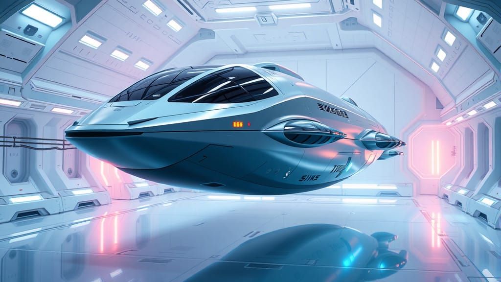 Luxurious Futuristic Space Frigate Lands in Ambient Space Do...