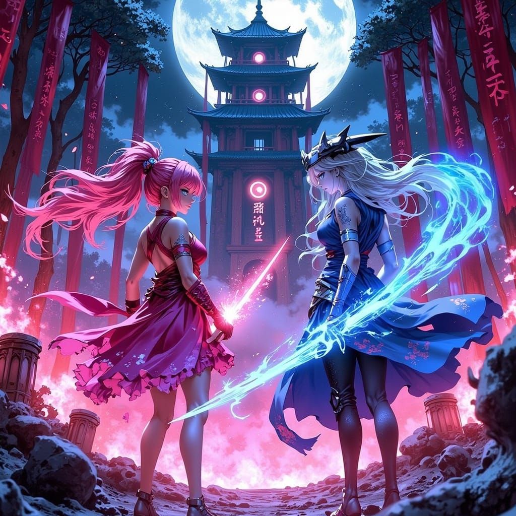 Anime Warriors Face-off in Neon Sky Temple