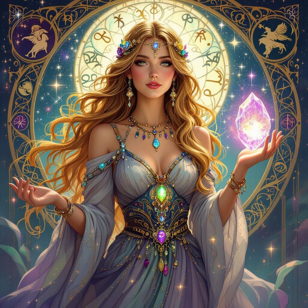 Mystical Astrologer with Zodiac Stars in Art Nouveau Style