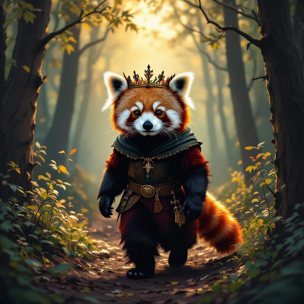 Red Panda King in Dante's Robes Walks Through Mystical Fores...