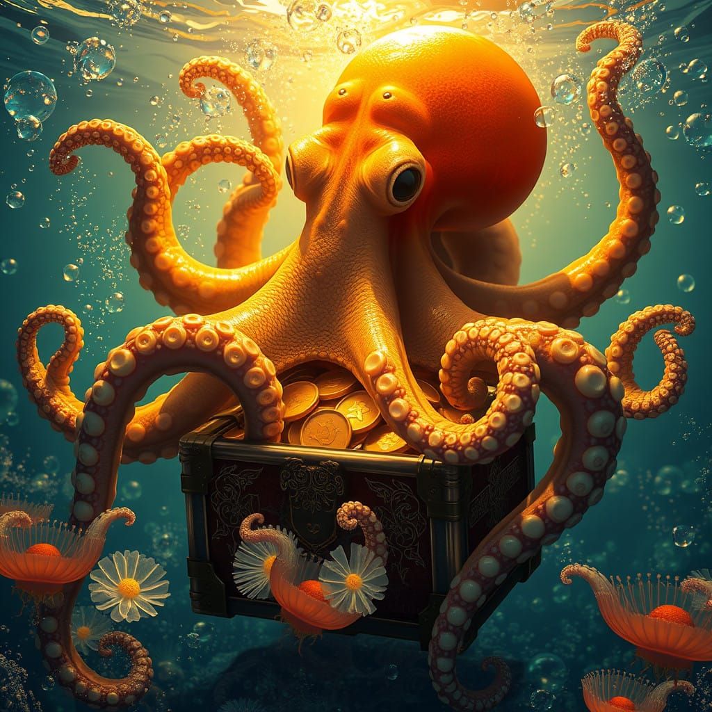 Realistic Octopus Holds Treasure Chest in Arms Underwater
