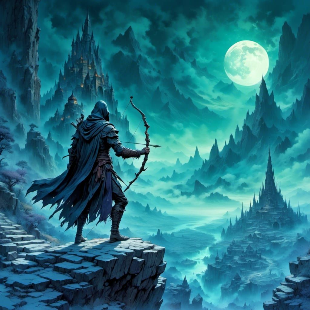 Cloaked Thief on Ancient Temple Overlooking Medieval City