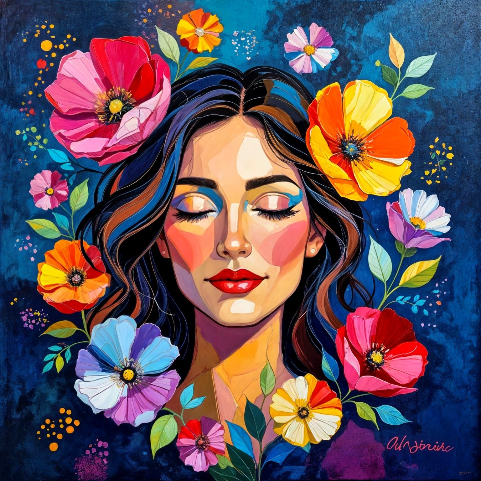 Cosmic Floral Oil Painting with Healing Art Elements