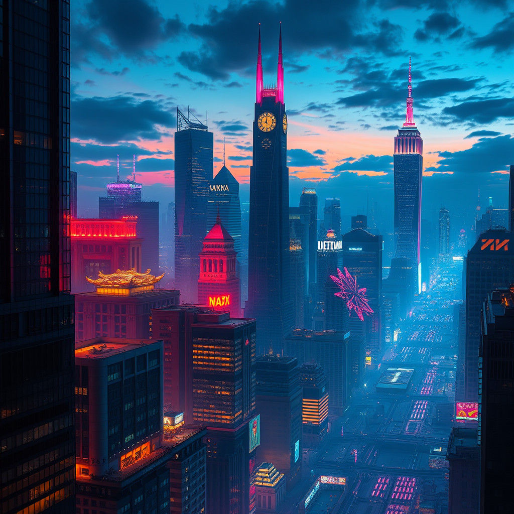 Dreamlike Metropolis at Dusk in Futuristic Style