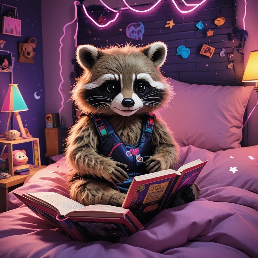 Synthwave Raccoon Reads to Girl in Disney Bed