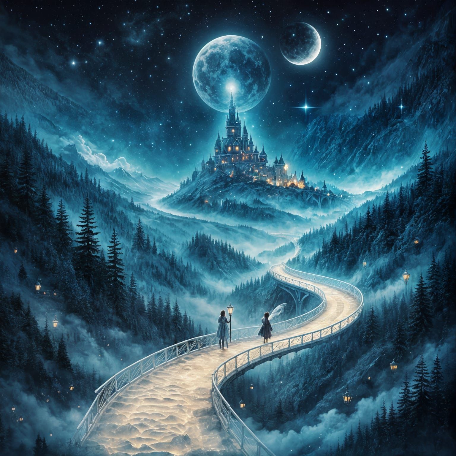 Magical Bridge to Moon Castle Over Dream Abyss