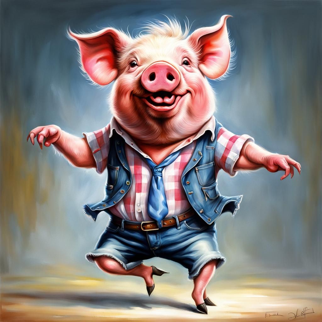 Dancing Pig in Clothes, Airbrush Oil Painting