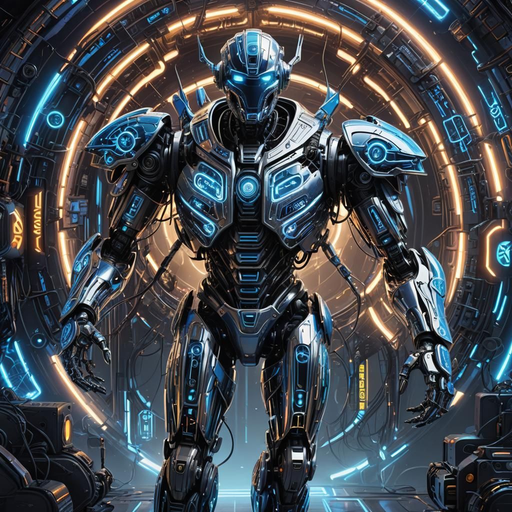 Robot Amidst Electric Lightning in Cyberpunk Style