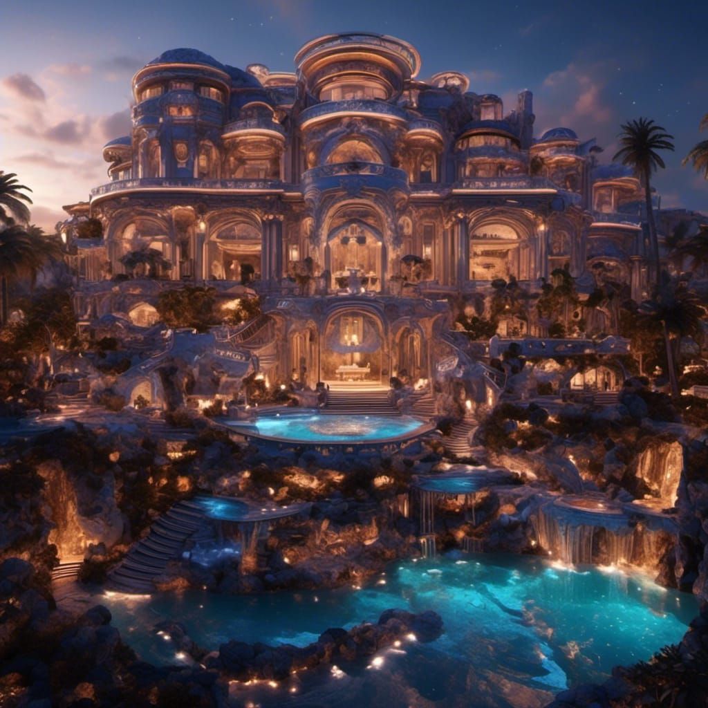 Extravagant Mansion with Neon Lights in Hyperreal Style