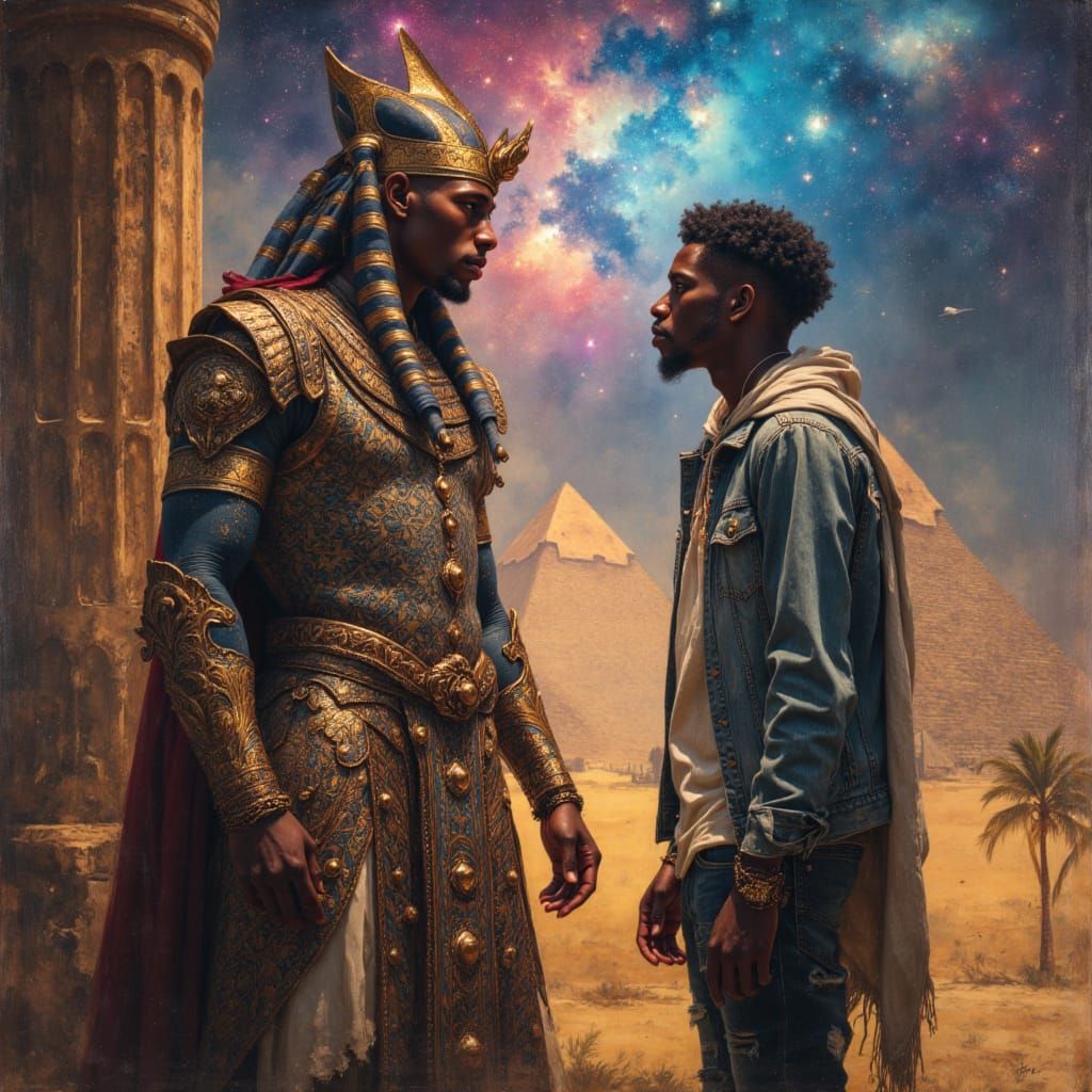 Regal God-King Confronts Teen in Cosmic Egyptian Scene