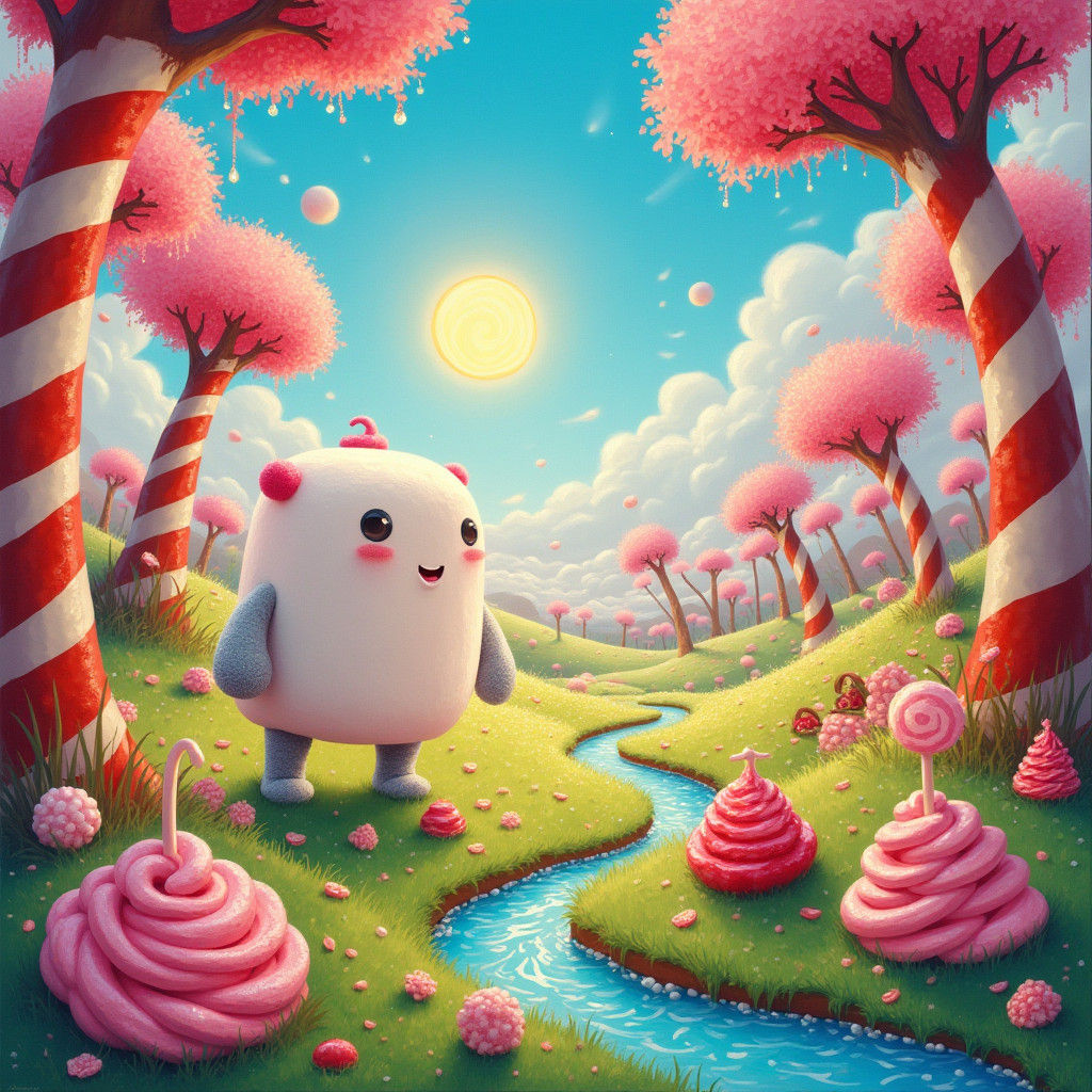 Candy Land: Marshmallow Creature in a Surreal Landscape