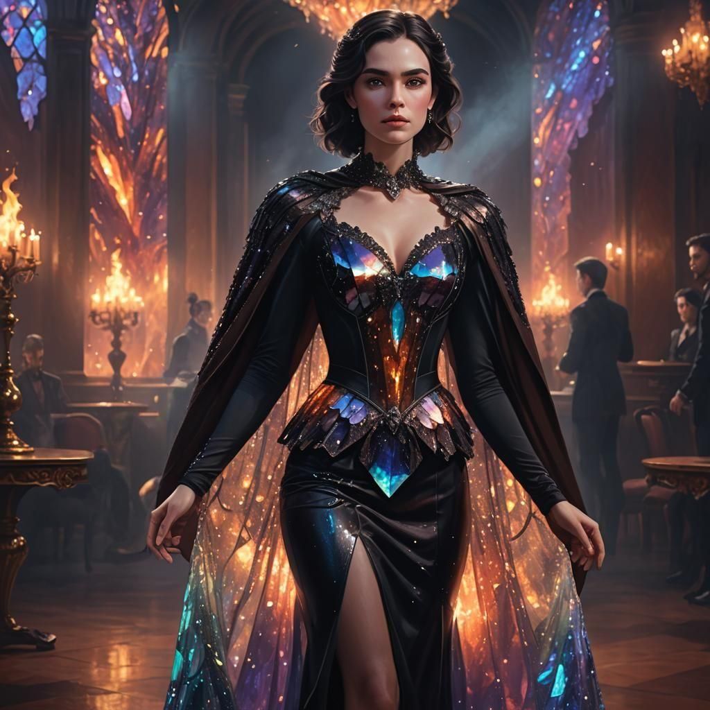 Woman in Crystal Dress in Ballroom, Hyperrealistic