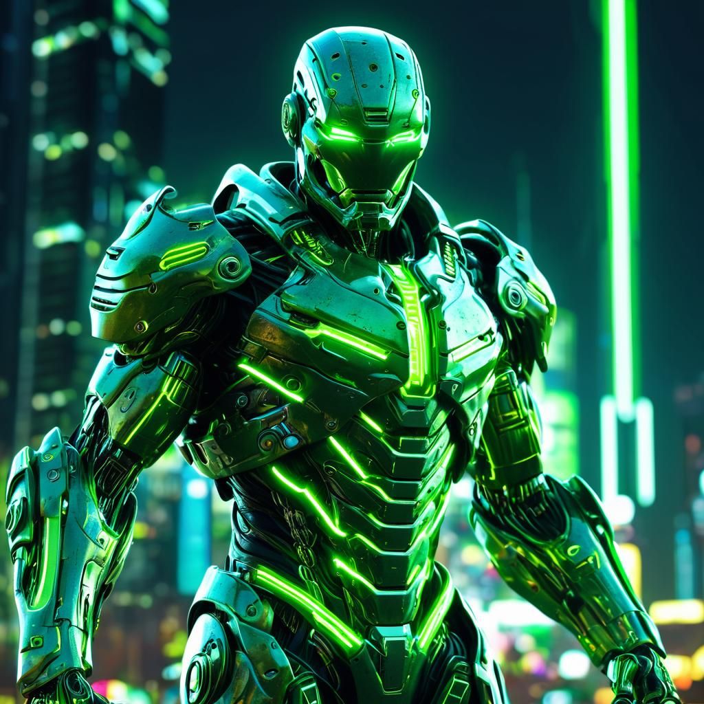 Futuristic Battle Cyborg in Neon Cityscape