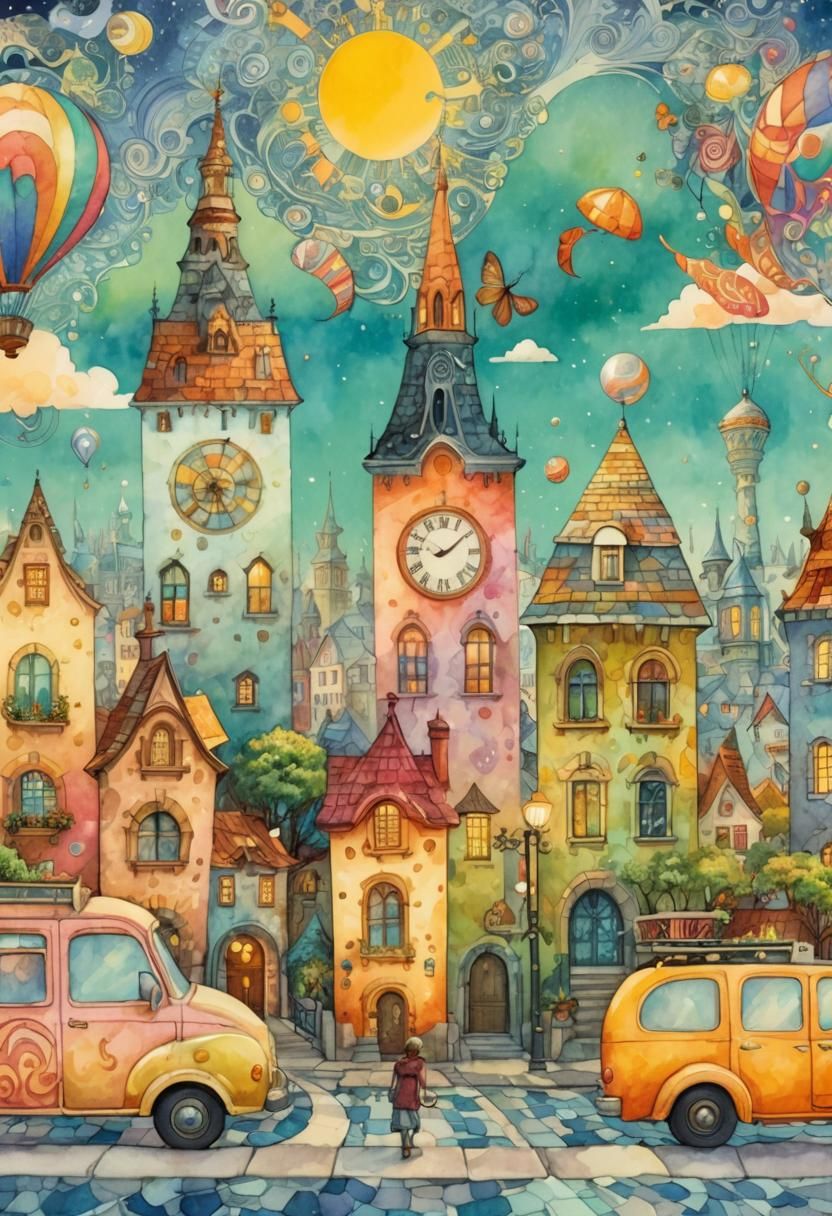 Fantastical Watercolor Cityscape with Fractal Details