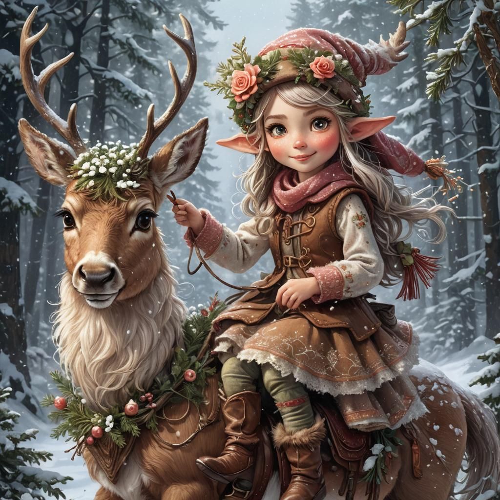 Elf Girl Rides Reindeer in Winter Forest