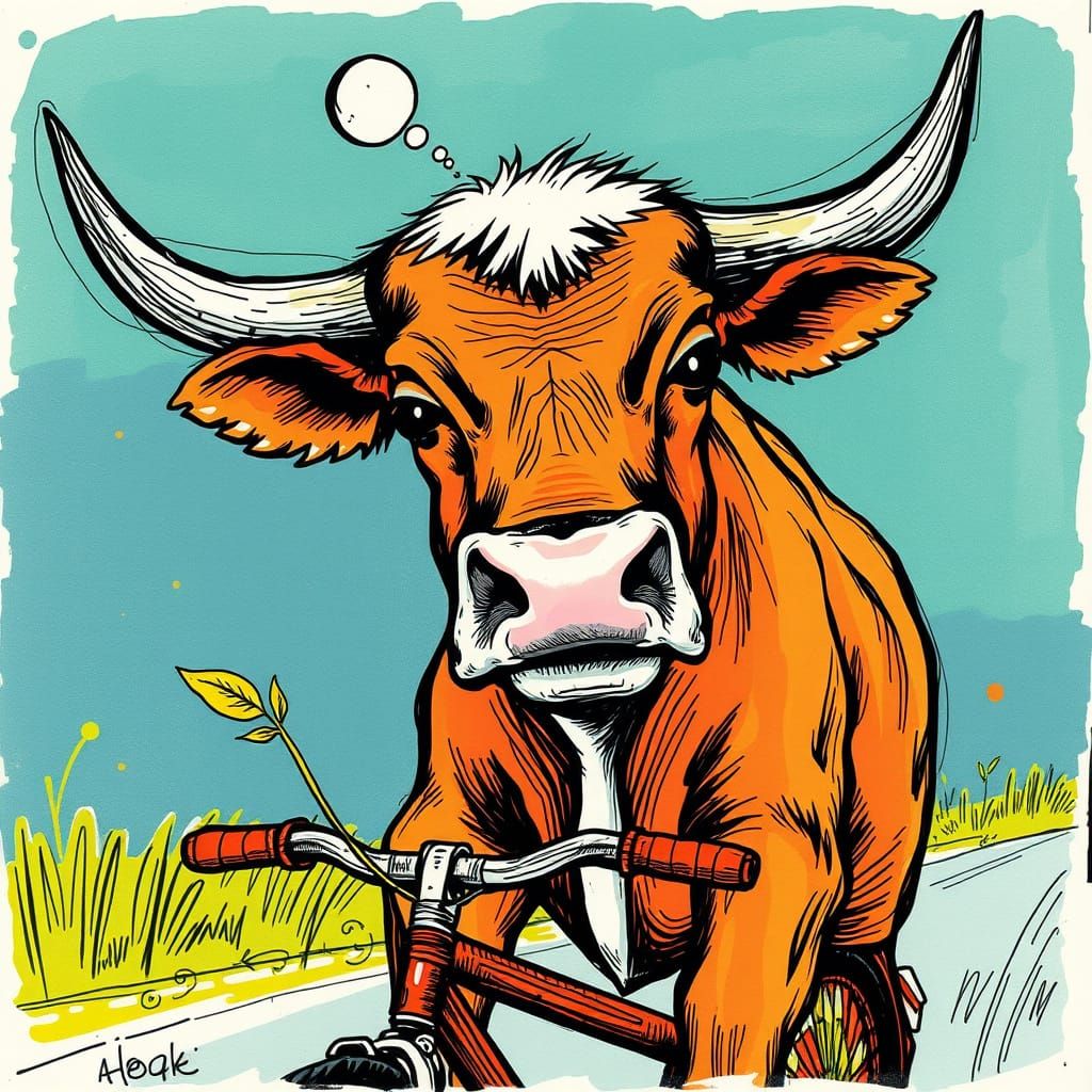 Dreaming Bull on Bicycle in Psychedelic Art Style