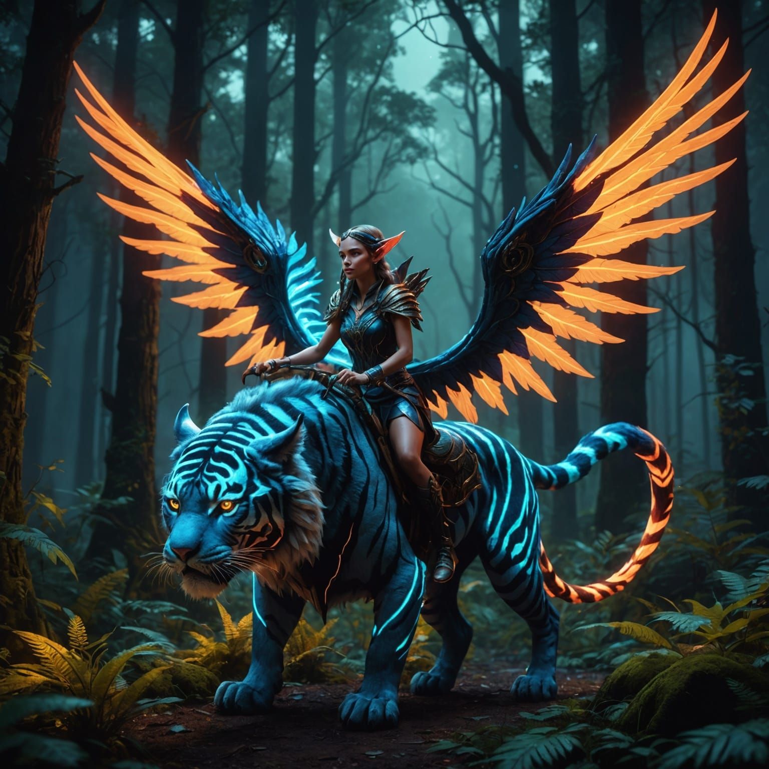 Elf Girl Rides Neon Tiger in Forest at Night