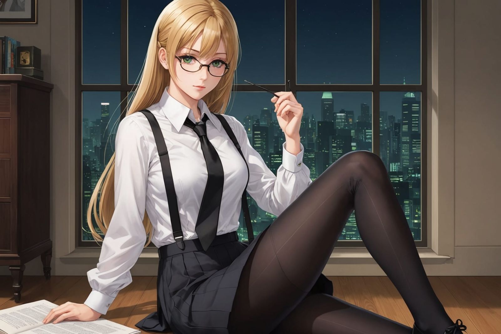 Anime Style Woman Reading with Crossed Legs