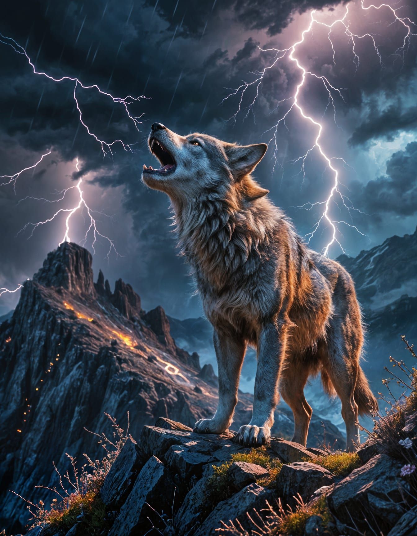 Ethereal Watercolour Wolf on a Stormy Mountain Ridge