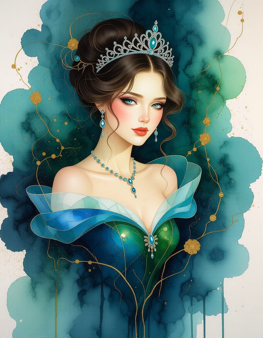 Bejeweled Princess in Blue Alcohol Ink Glass Painting