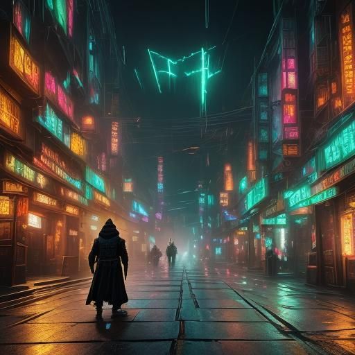 Neon Alleyway: Cyberpunk Hooded Figure in Rain