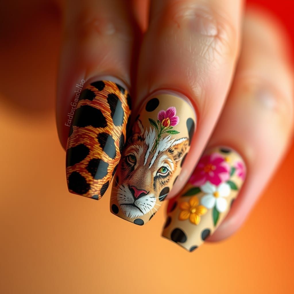 Detailed Nail Art Design with Animal and Floral Textures