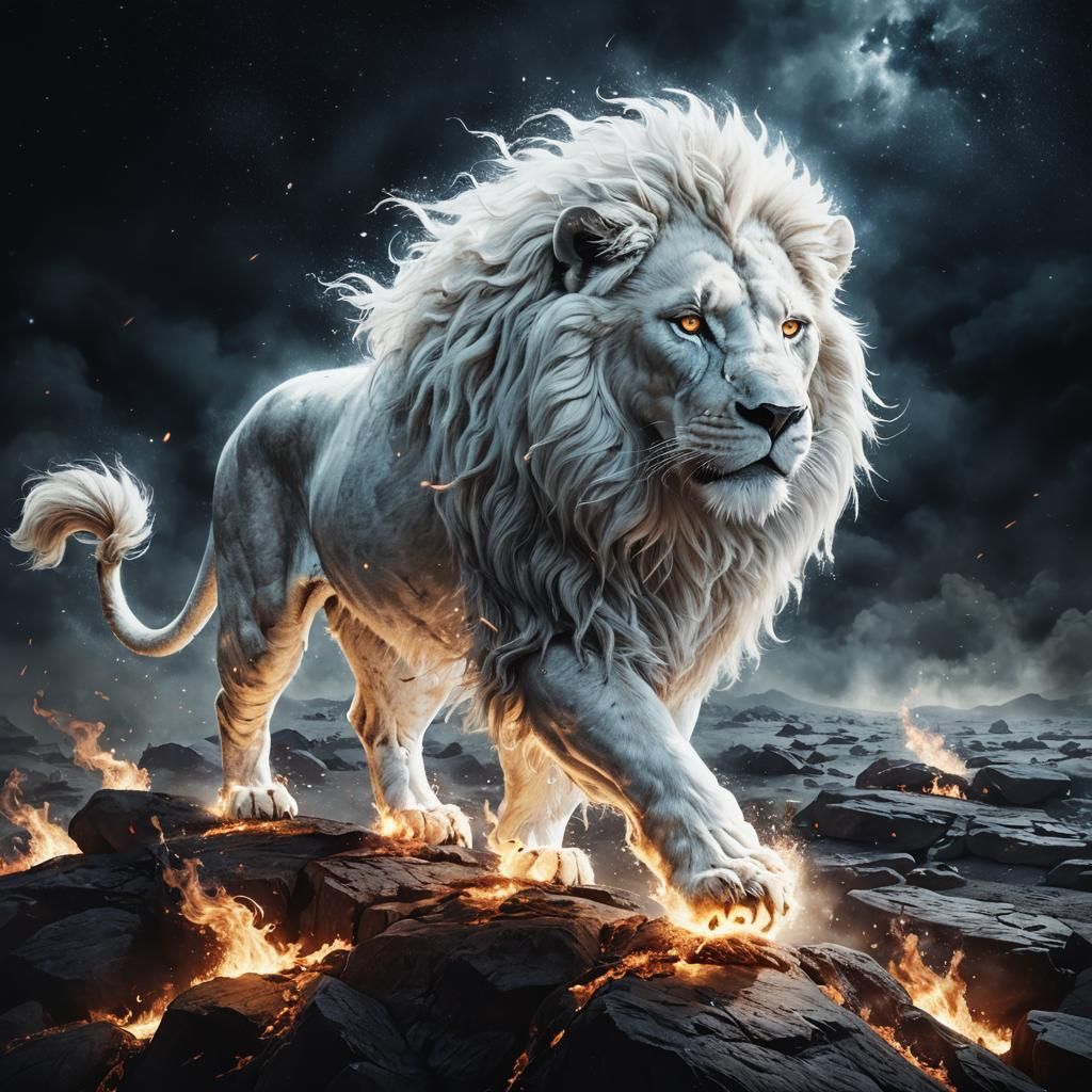 A hyper-realistic digital artwork of an epic white lion made of flames, walking gracefully and with his fierce eyes look...