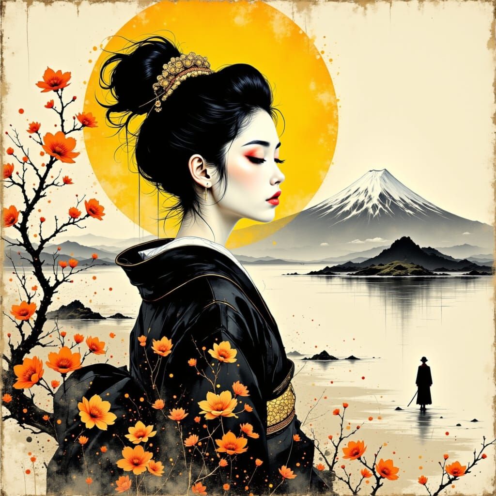 Traditional Japanese Geisha in Sunset, Inspired by Ukiyo-e M...