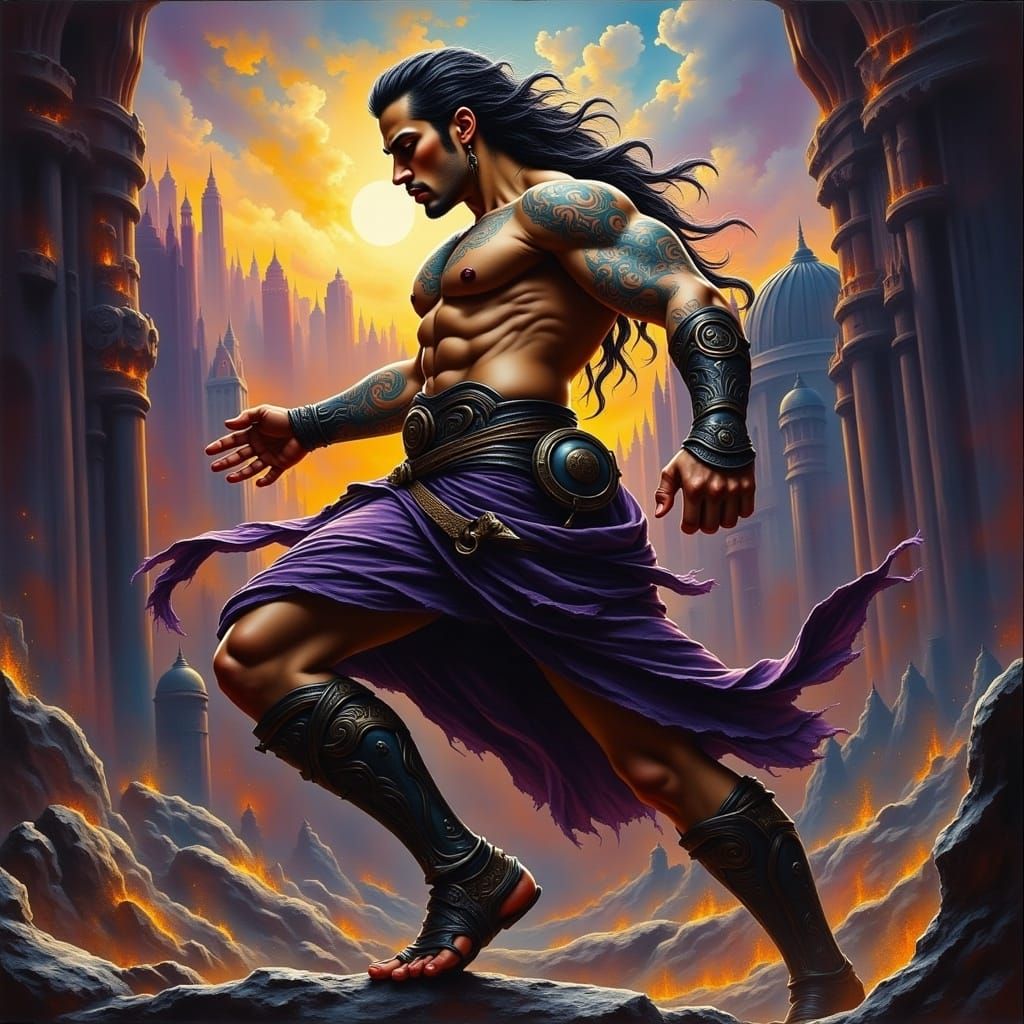 Muscular Warrior in Fantasy Matte Painting Style