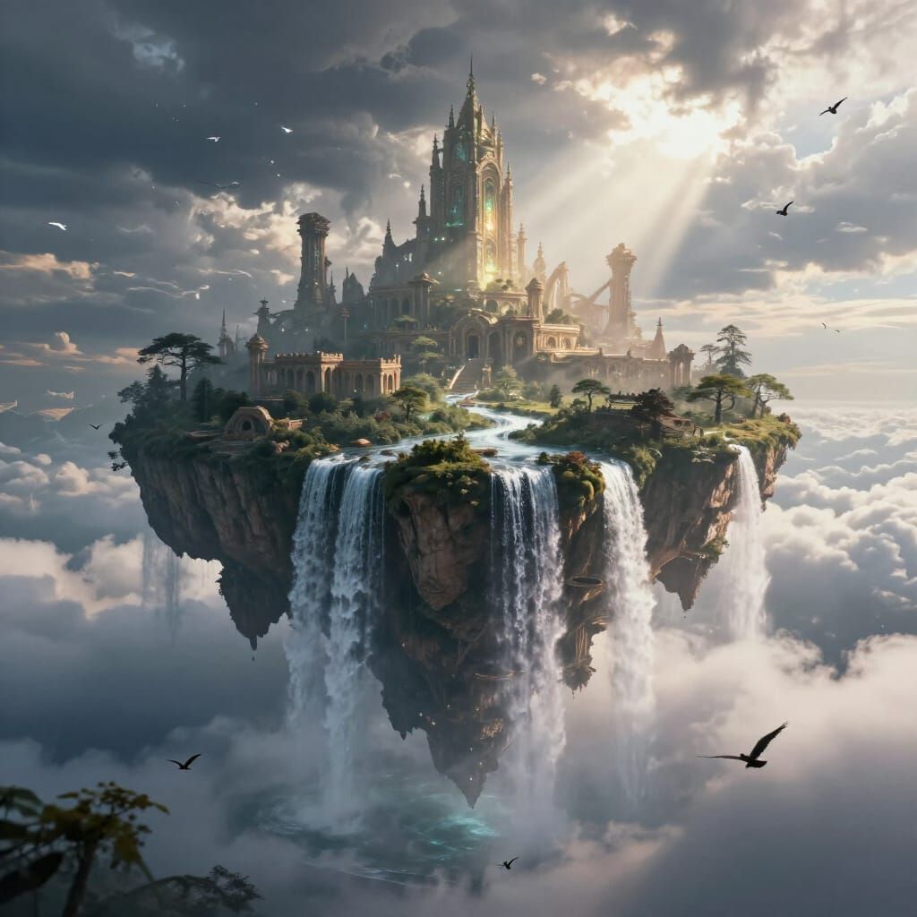 Floating Island with Ancient Ruins Above Clouds
