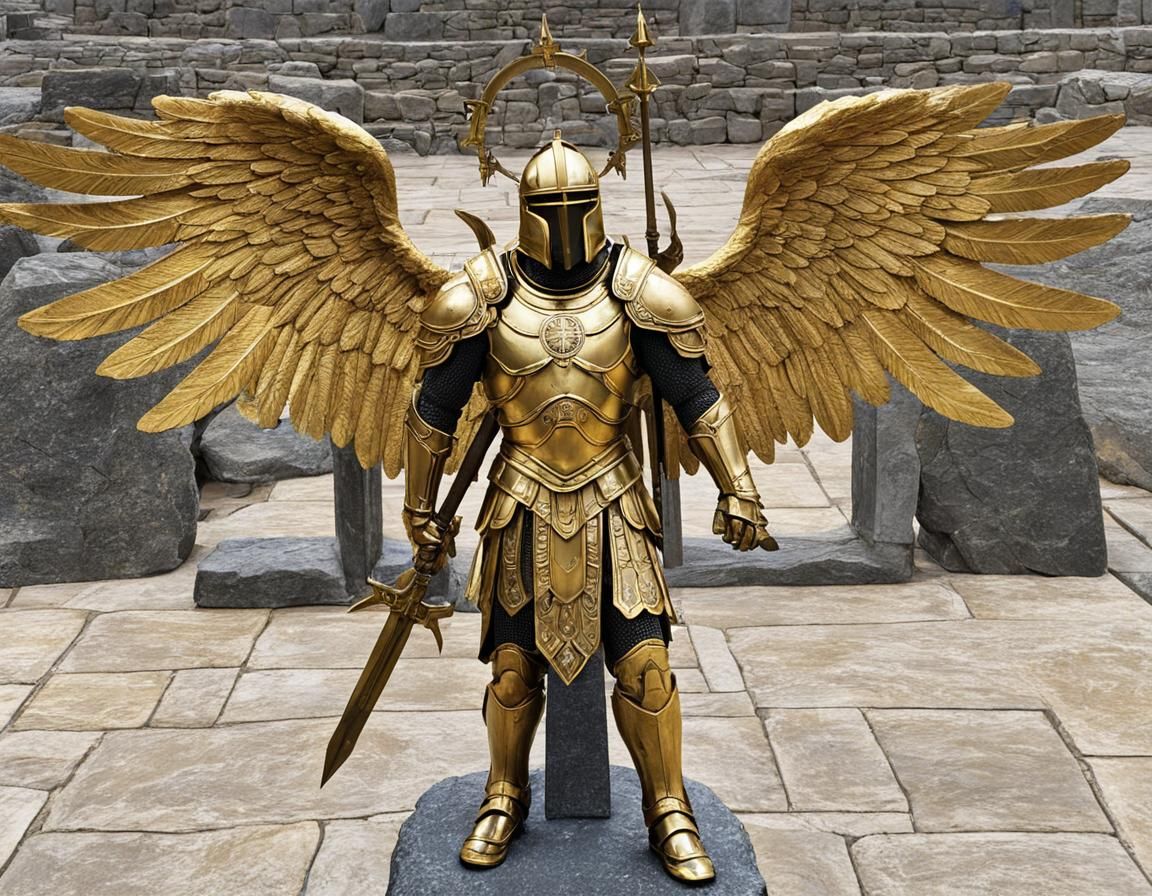 Golden Angel in Armor Standing on Stone Cross