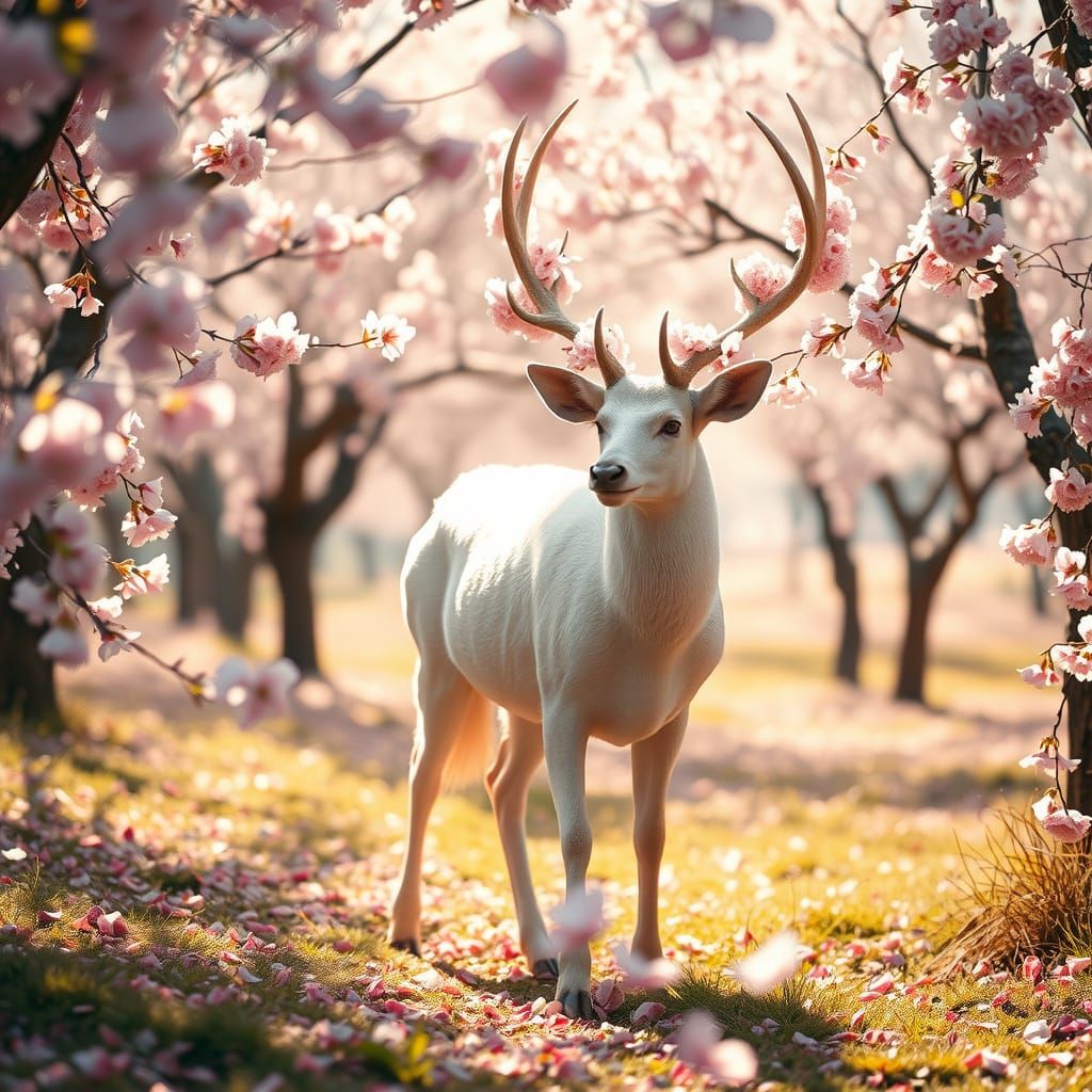 Albino Deer with Blossoming Antlers in Sakura Grove