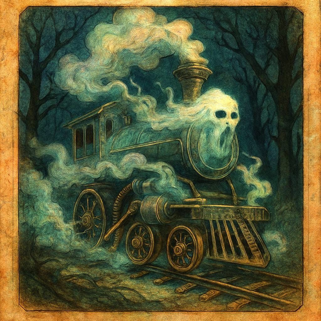 Steampunk Ghost Train in Haunted Forest Illustration
