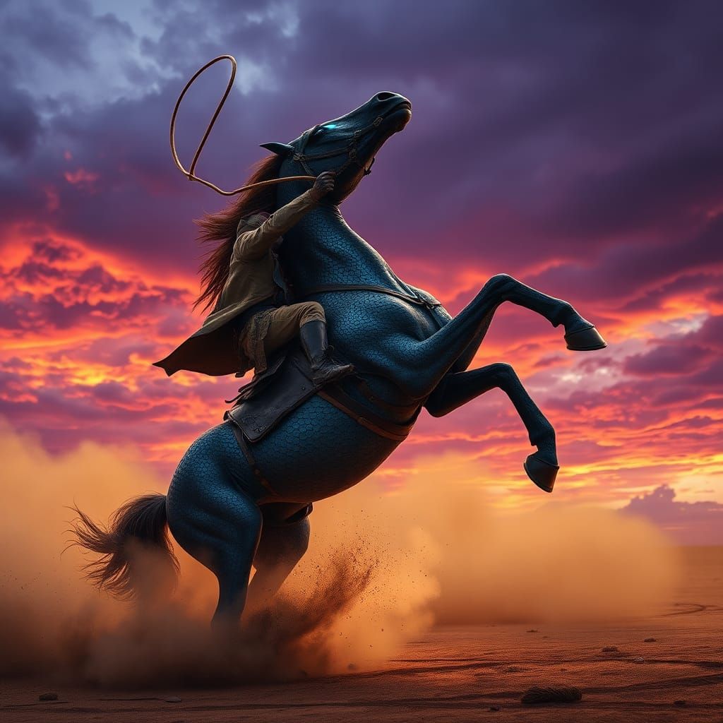 Cowboy Falls from Mythical Horse in Dust Storm