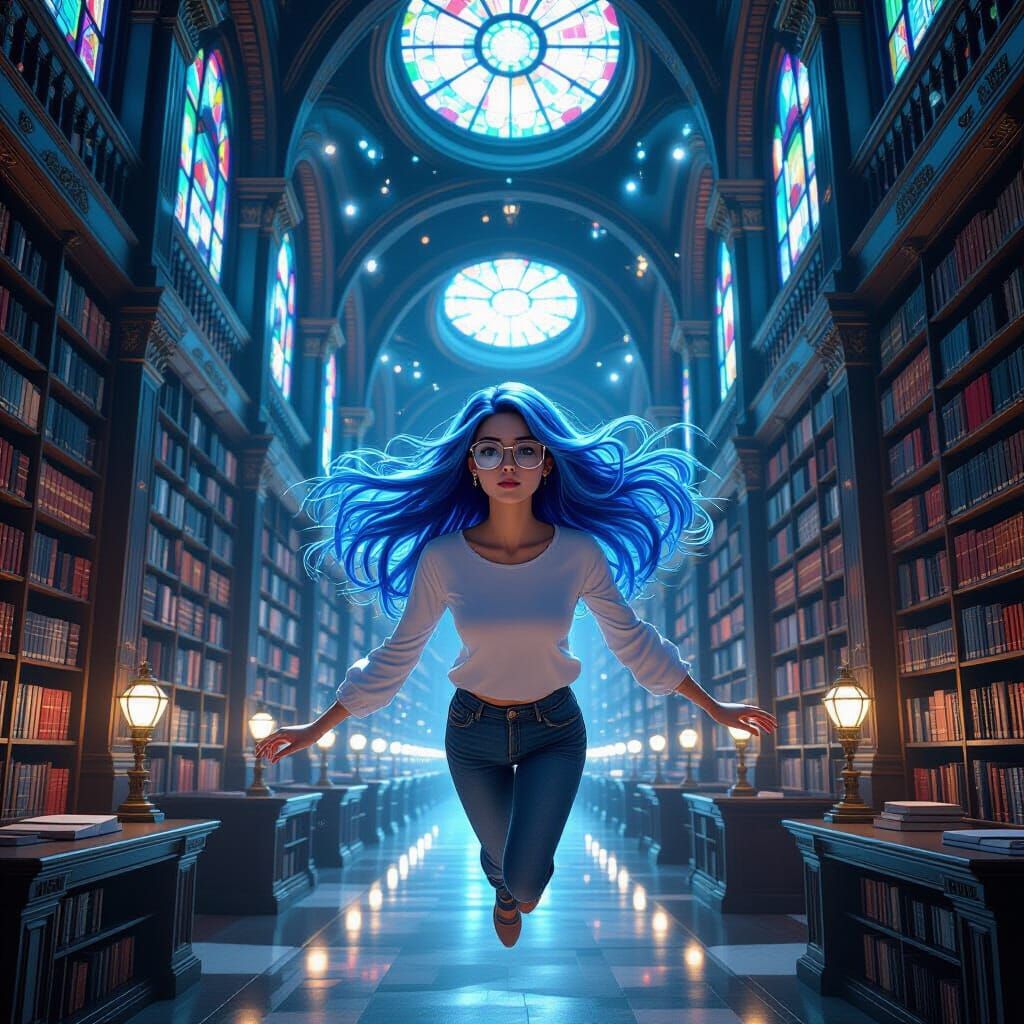 Futuristic Library Scene with Glowing Books