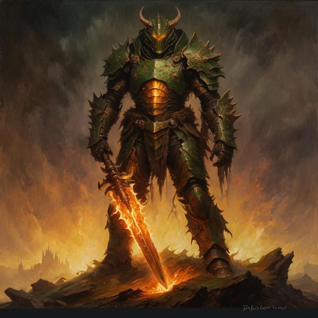 Doomslayer in Dragon Armor: Dark Fantasy Oil Painting
