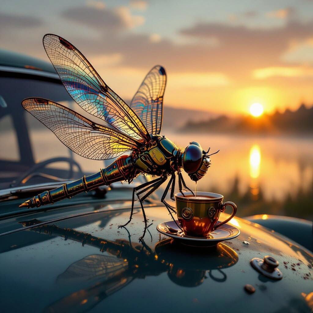 Steampunk Dragonfly Sips Coffee on Vintage Car at Sunrise