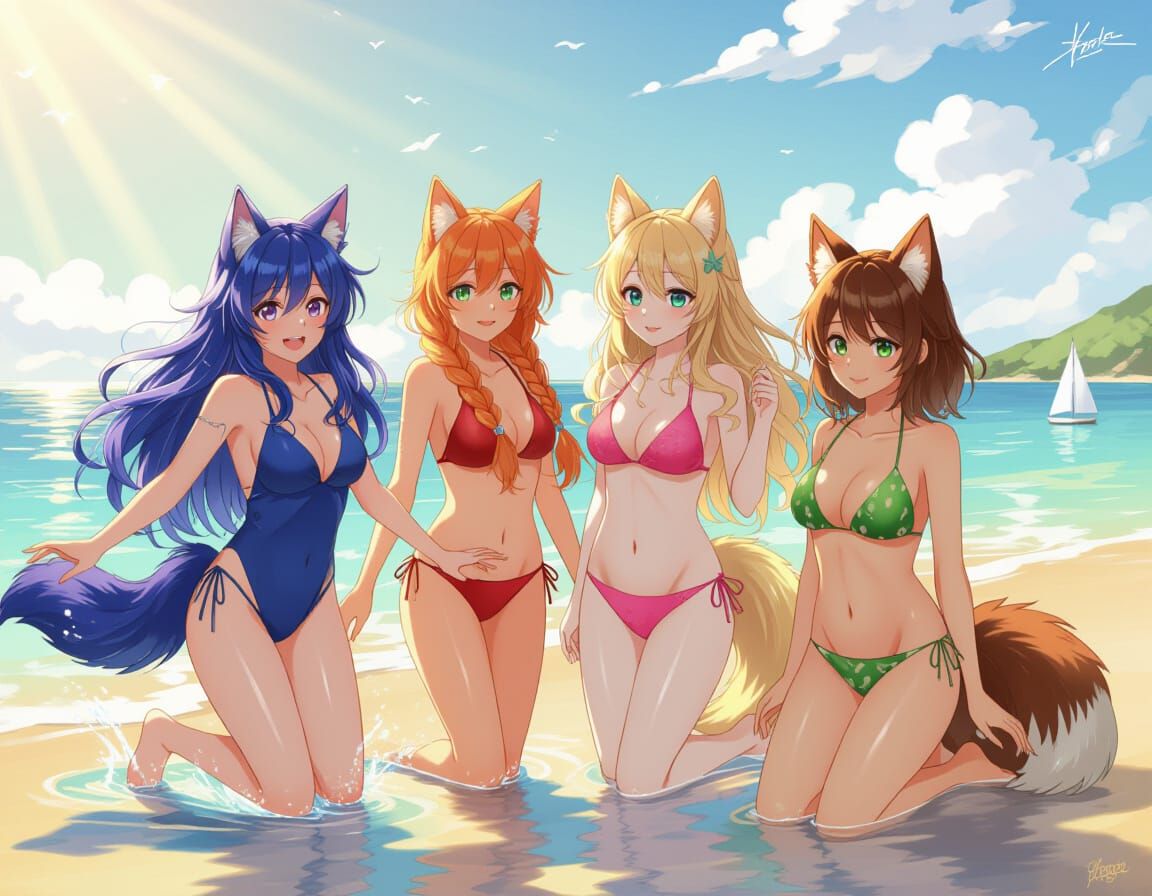 Four Anime Women Enjoy a Golden Hour Beach Day