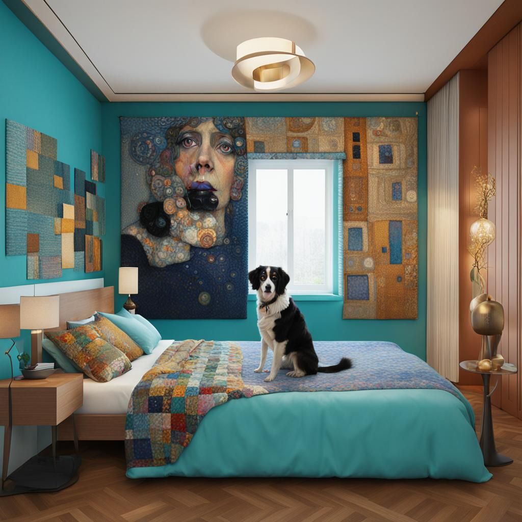 Apartment Dog in Klimt-Inspired Geometric Style